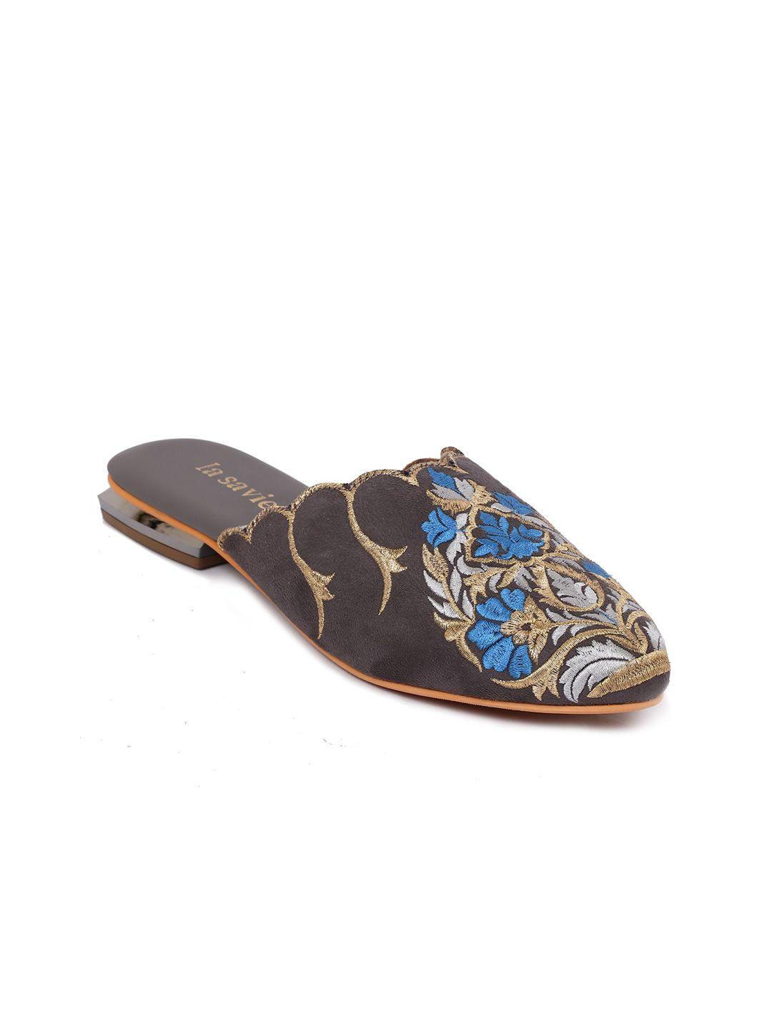 la savie textured embroidered detail ethnic mules