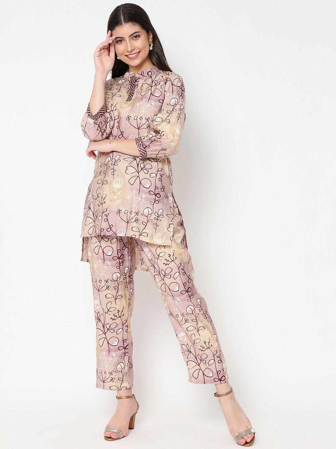 la vastraa floral printed mandarin collar top with straight trousers