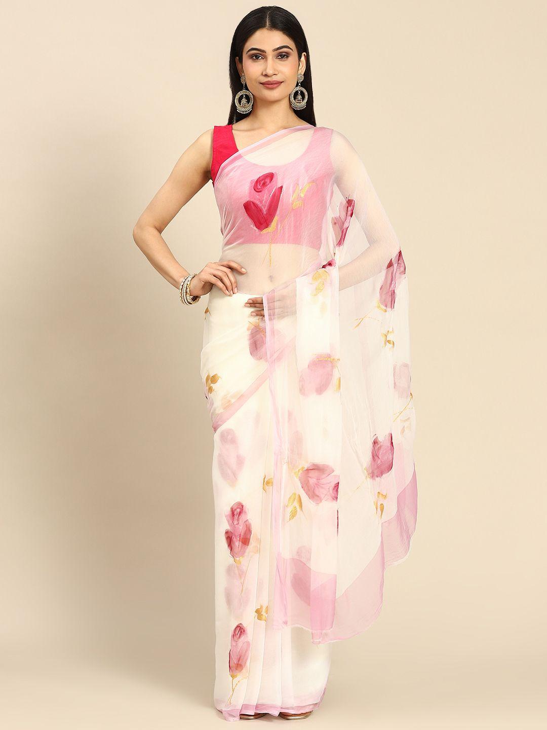 la vastraa pearl hand painted floral pure chiffon saree