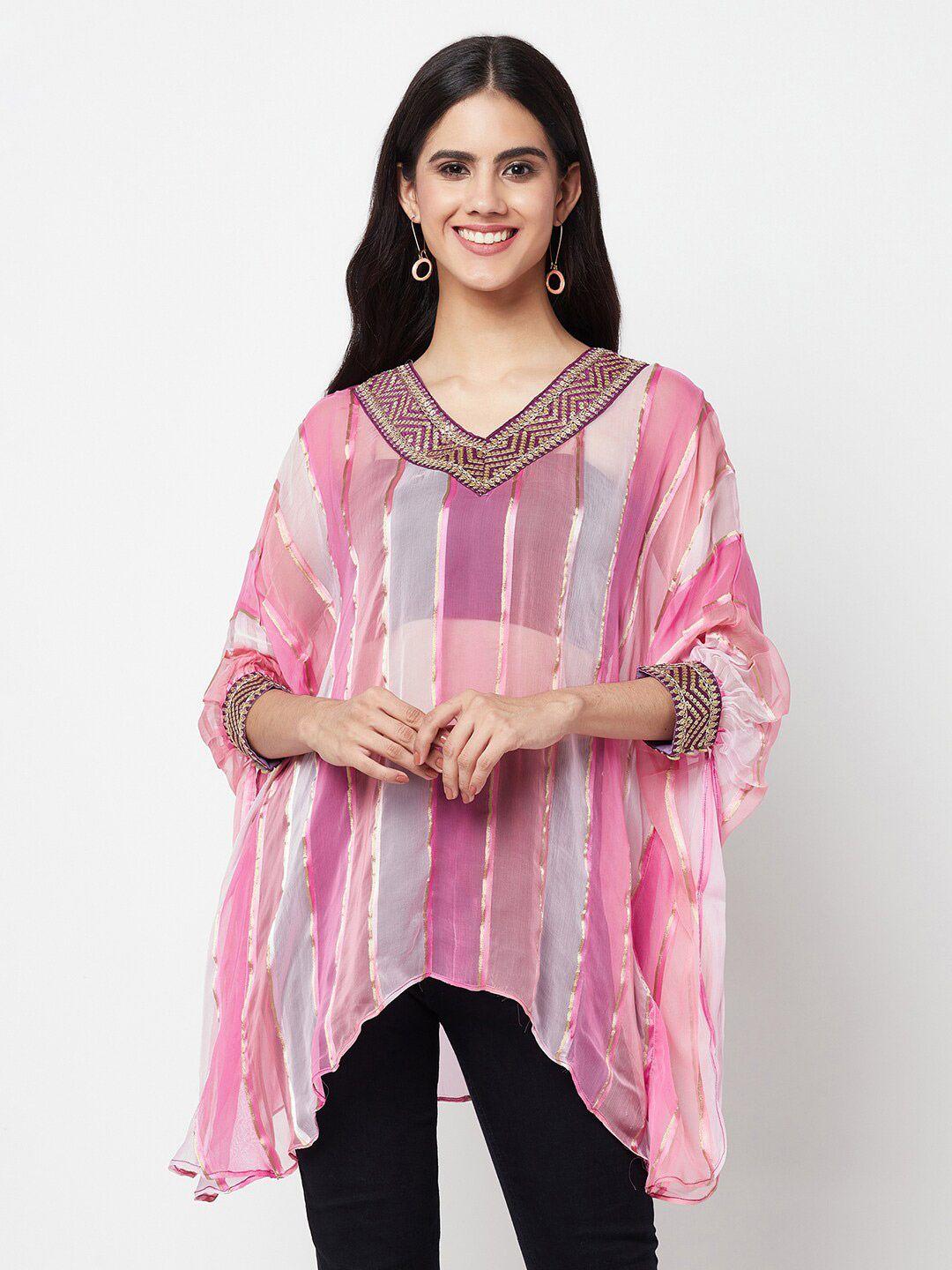 la vastraa striped v-neck flared sleeves pure chiffon kaftan kurti