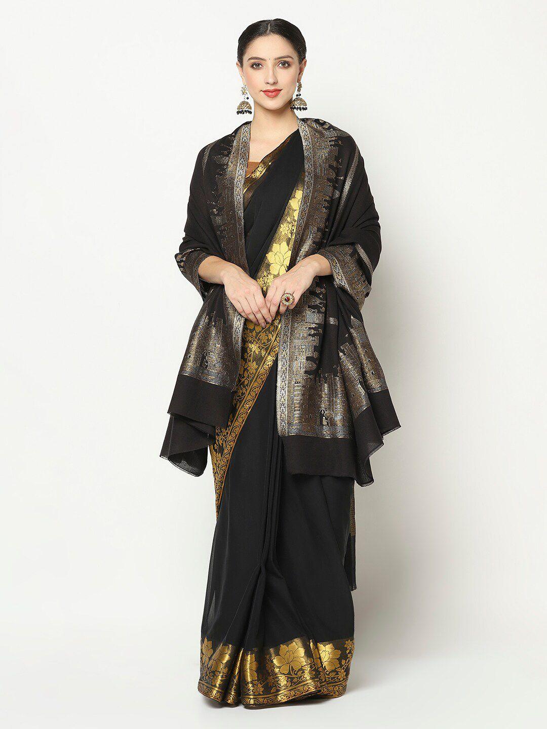la vastraa women black & gold-silver coloured zari woven design wool shawl
