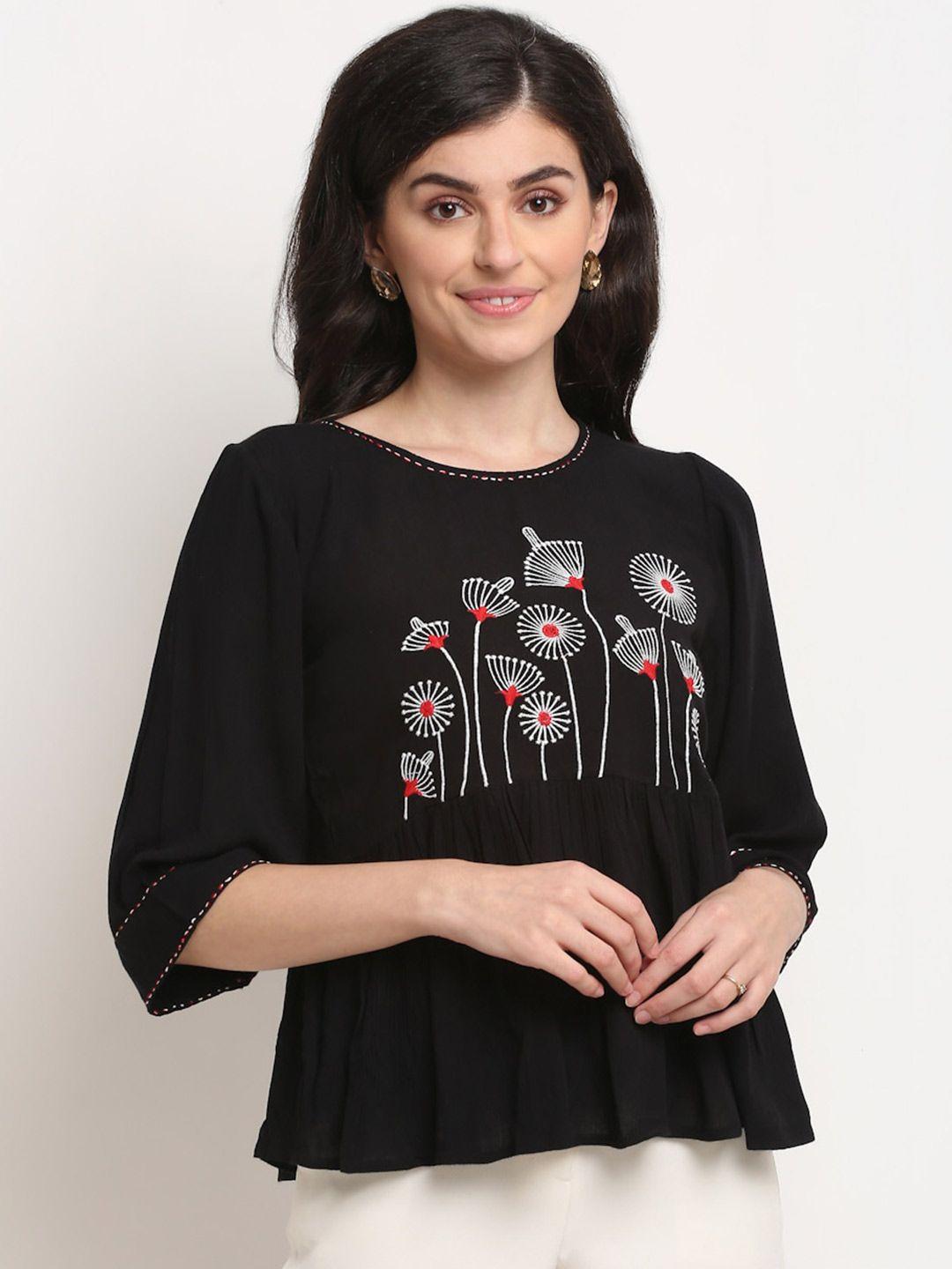 la zoire black floral embroidered top