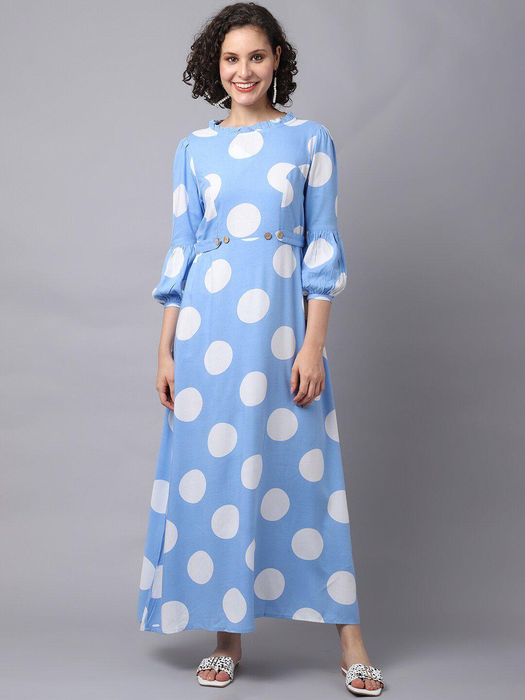 la zoire blue & white polka dots printed maxi dress