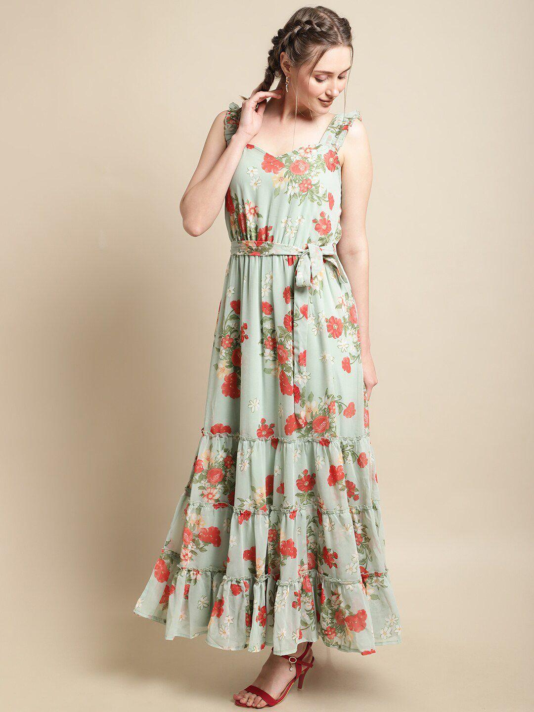 la zoire floral printed shoulder strapped ruffled georgette maxi dress