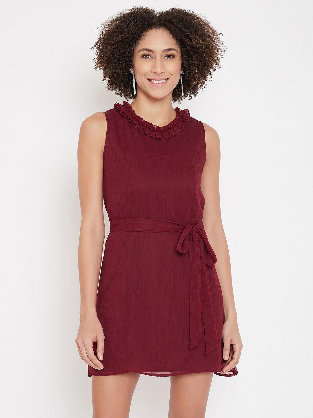 la zoire maroon cowl neck chiffon a-line mini dress