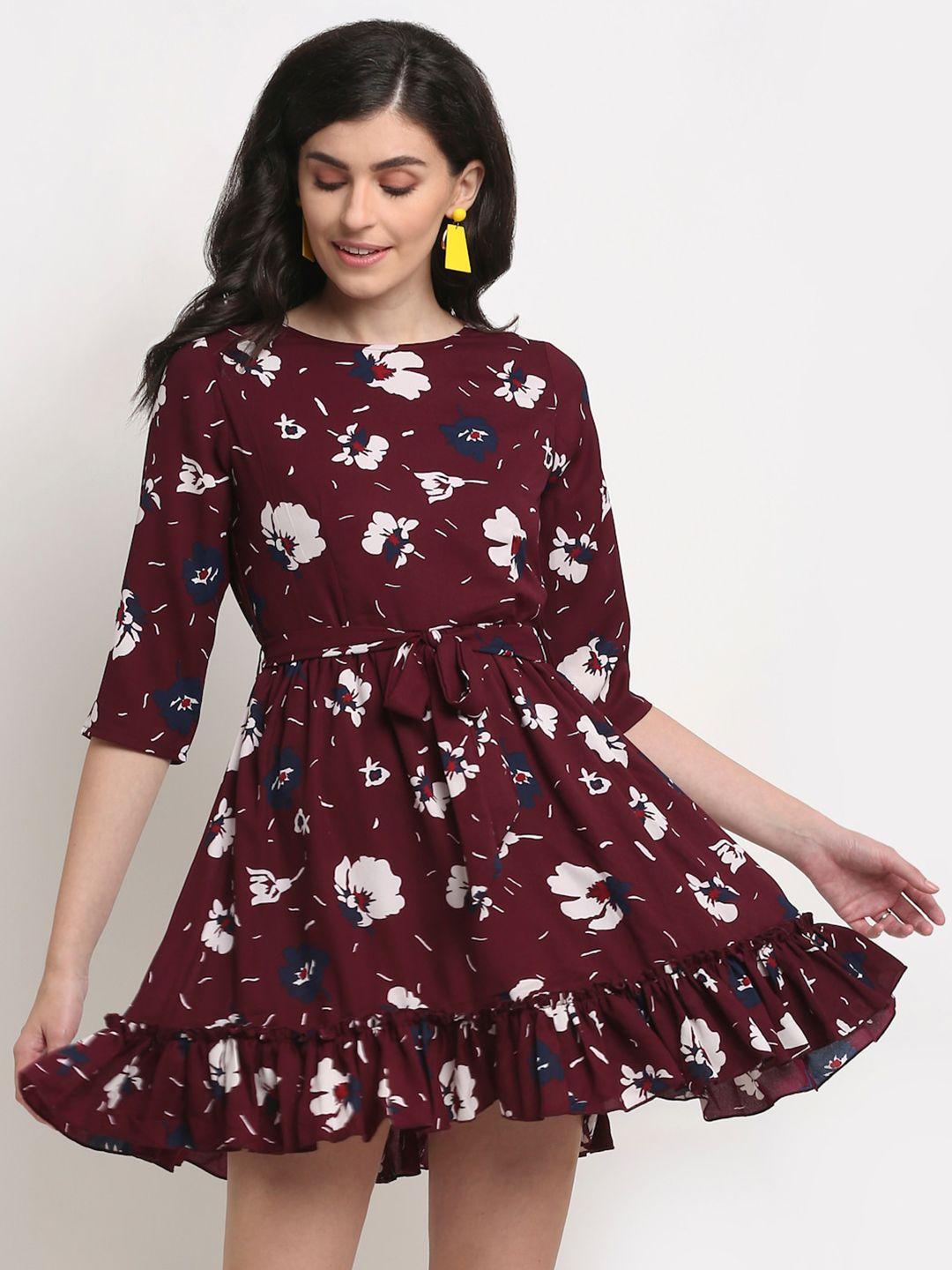 la zoire maroon floral printed georgette fit & flared dress
