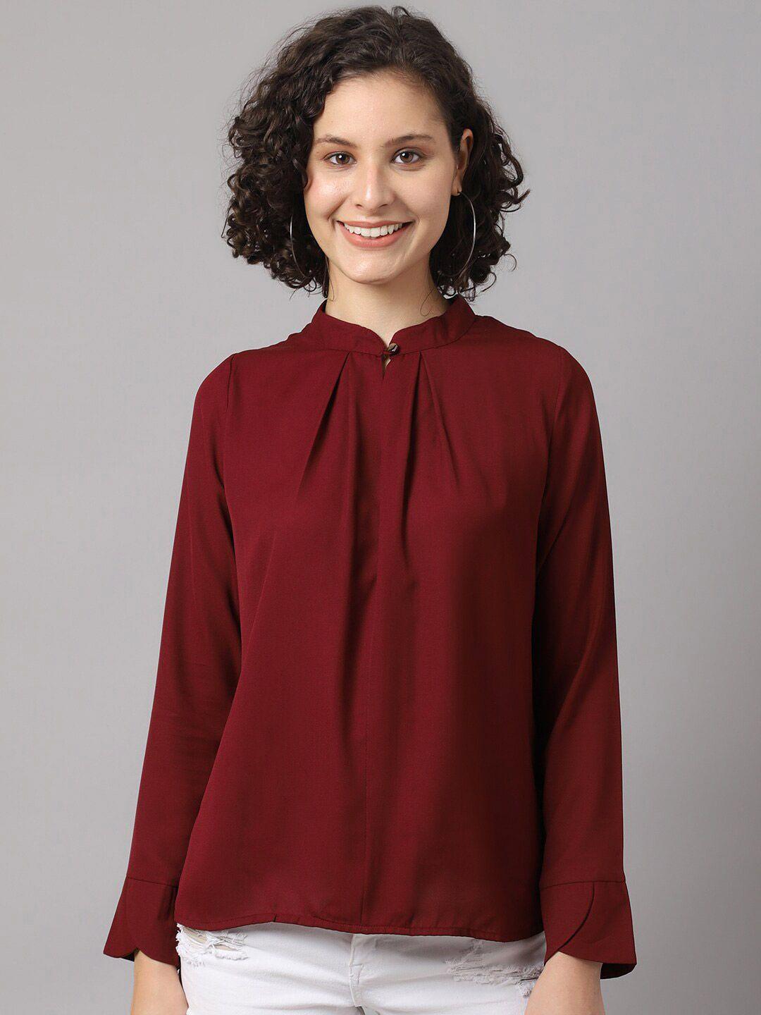 la zoire maroon mandarin collar georgette top