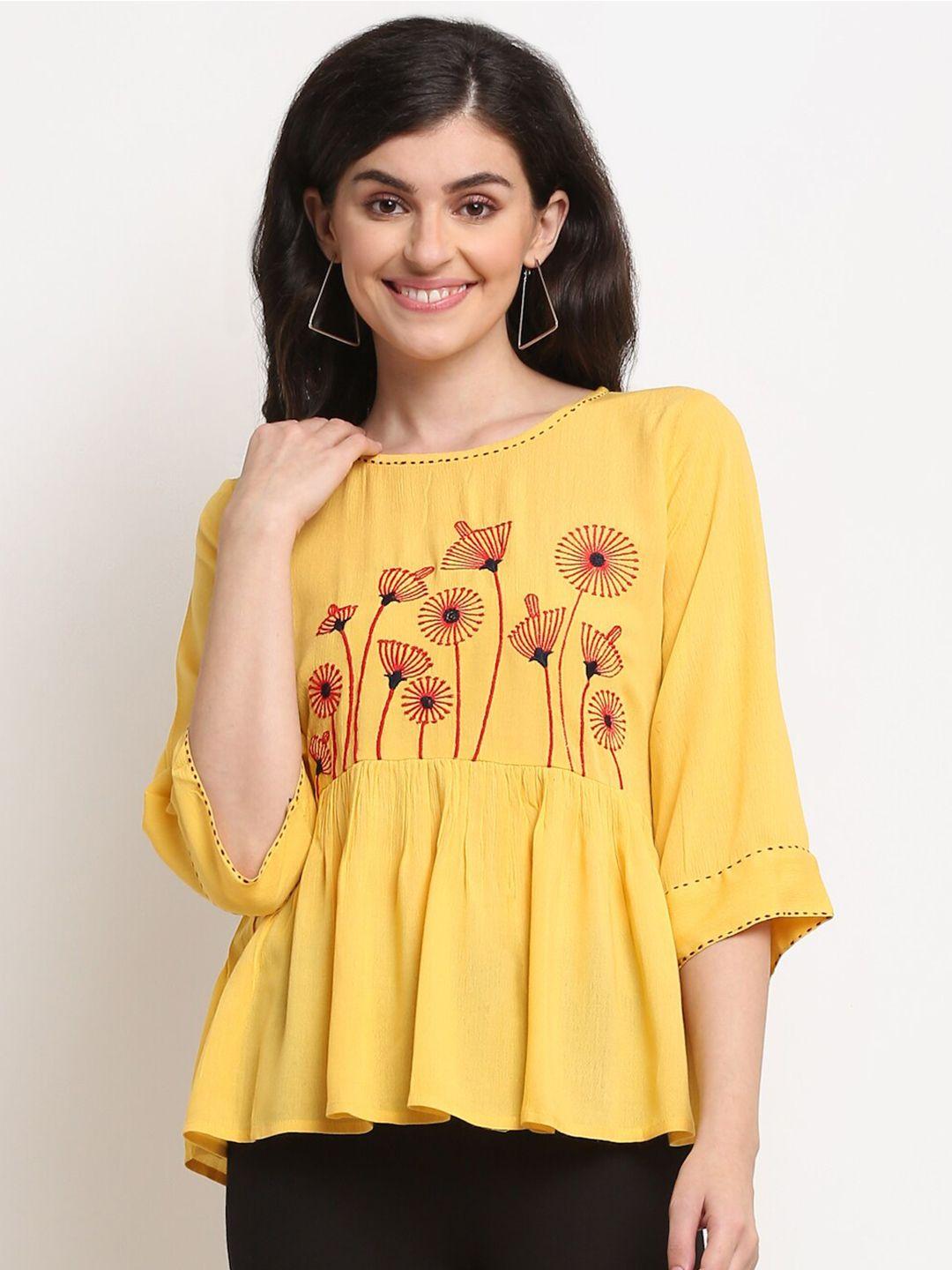 la zoire mustard yellow floral embroidered peplum top