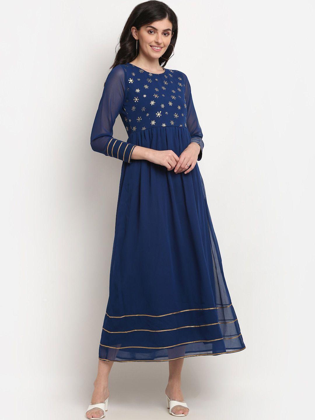 la zoire navy blue & gold-toned ethnic motifs foil printed ethnic midi fit & flare dress