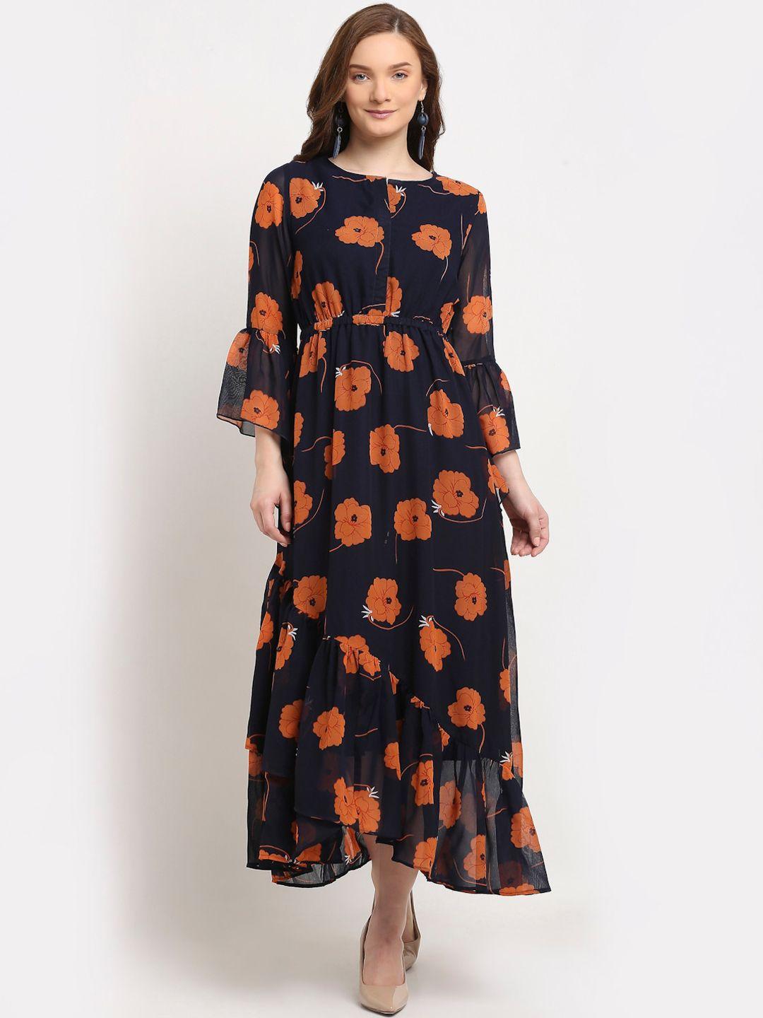 la zoire navy blue & orange floral georgette maxi dress