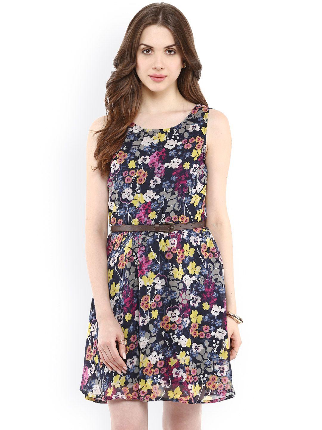 la zoire navy floral print polyester fit & flare dress