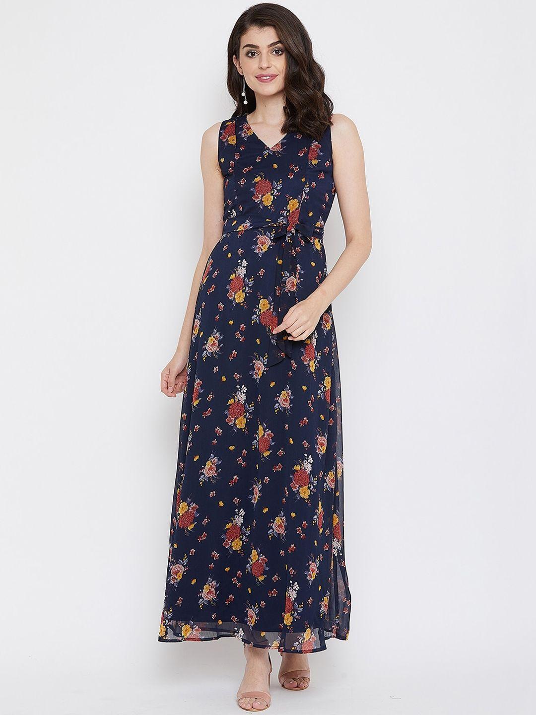 la zoire navy women blue floral belted sleeveless georgette maxi dress