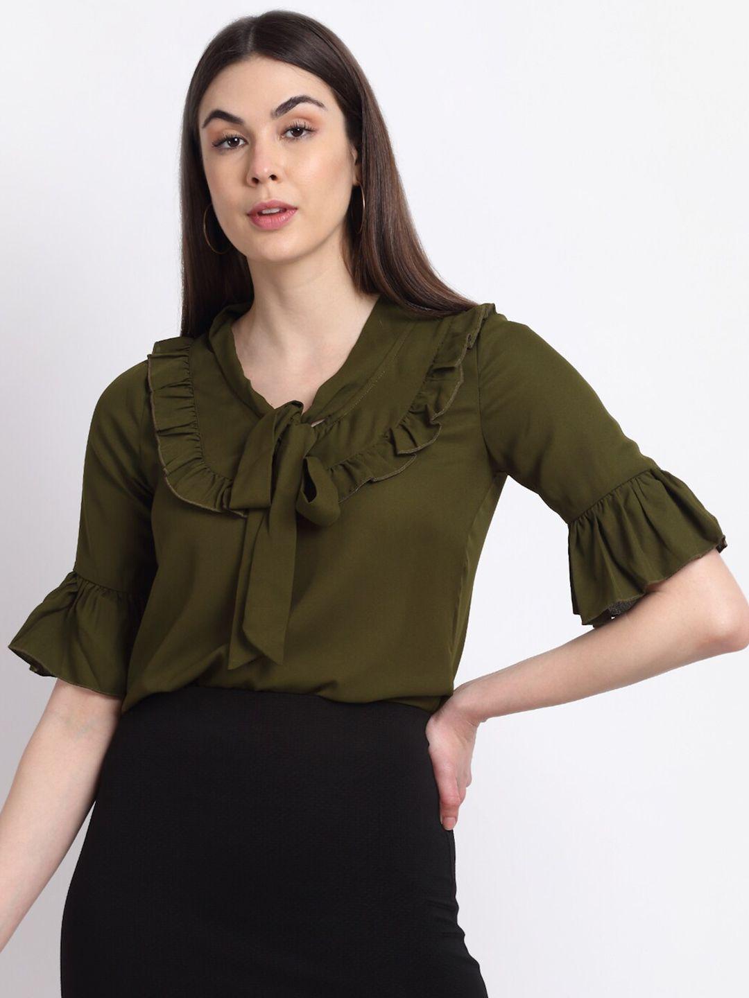 la zoire olive green tie-up neck georgette top