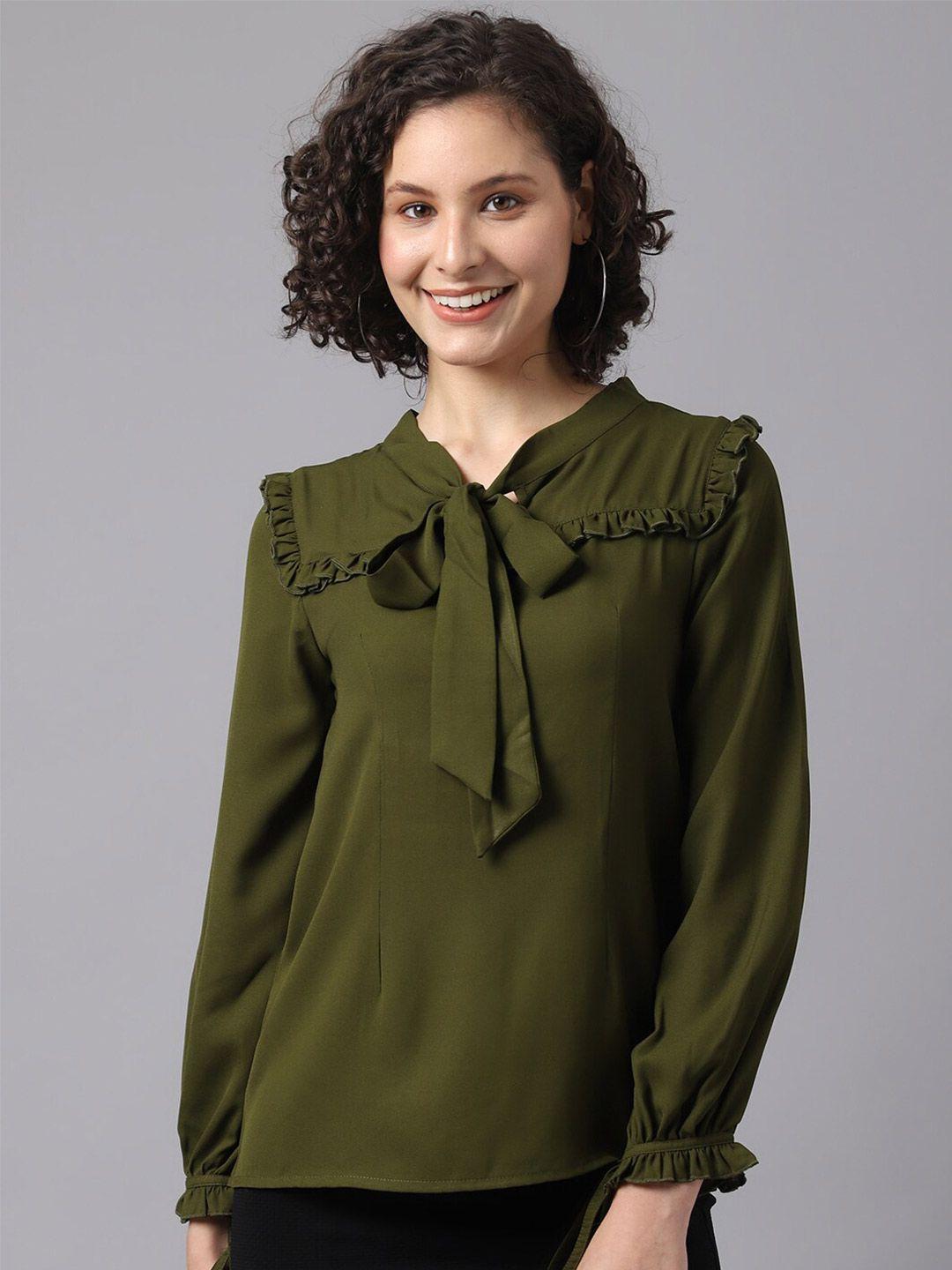 la zoire olive green tie-up neck ruffles top