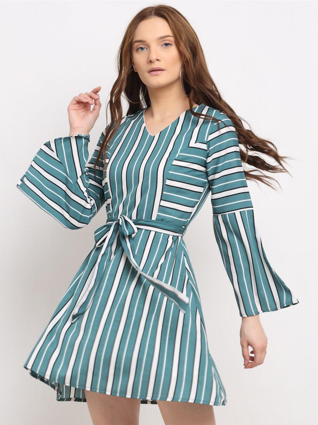 la zoire teal & white striped georgette belted a-line dress