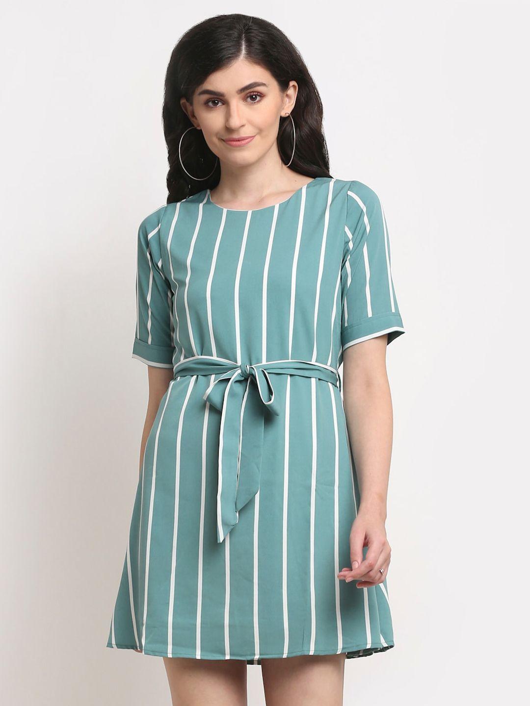 la zoire teal blue & white striped crepe a-line dress