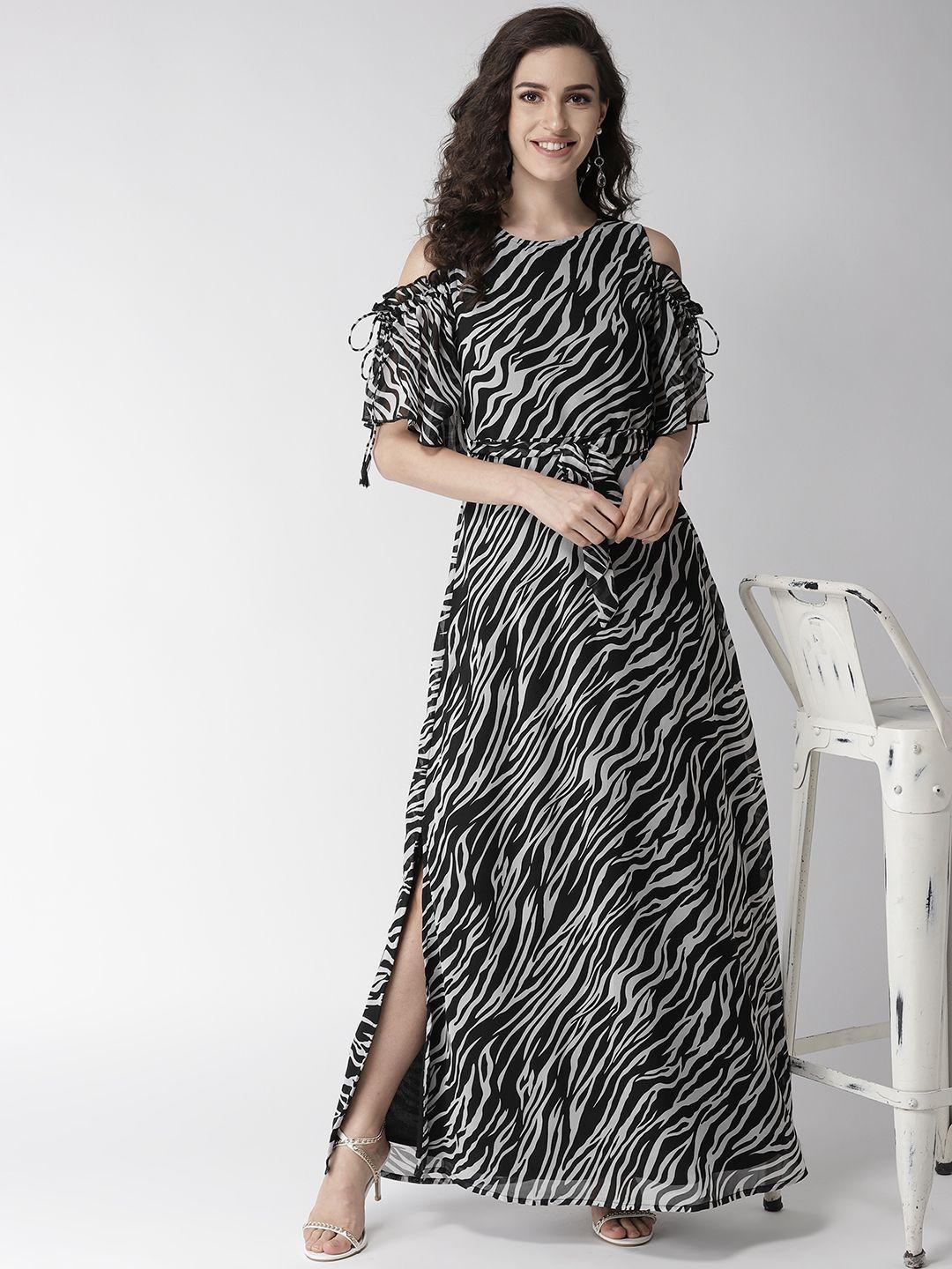 la zoire women black & grey animal print cold-shoulder maxi dress