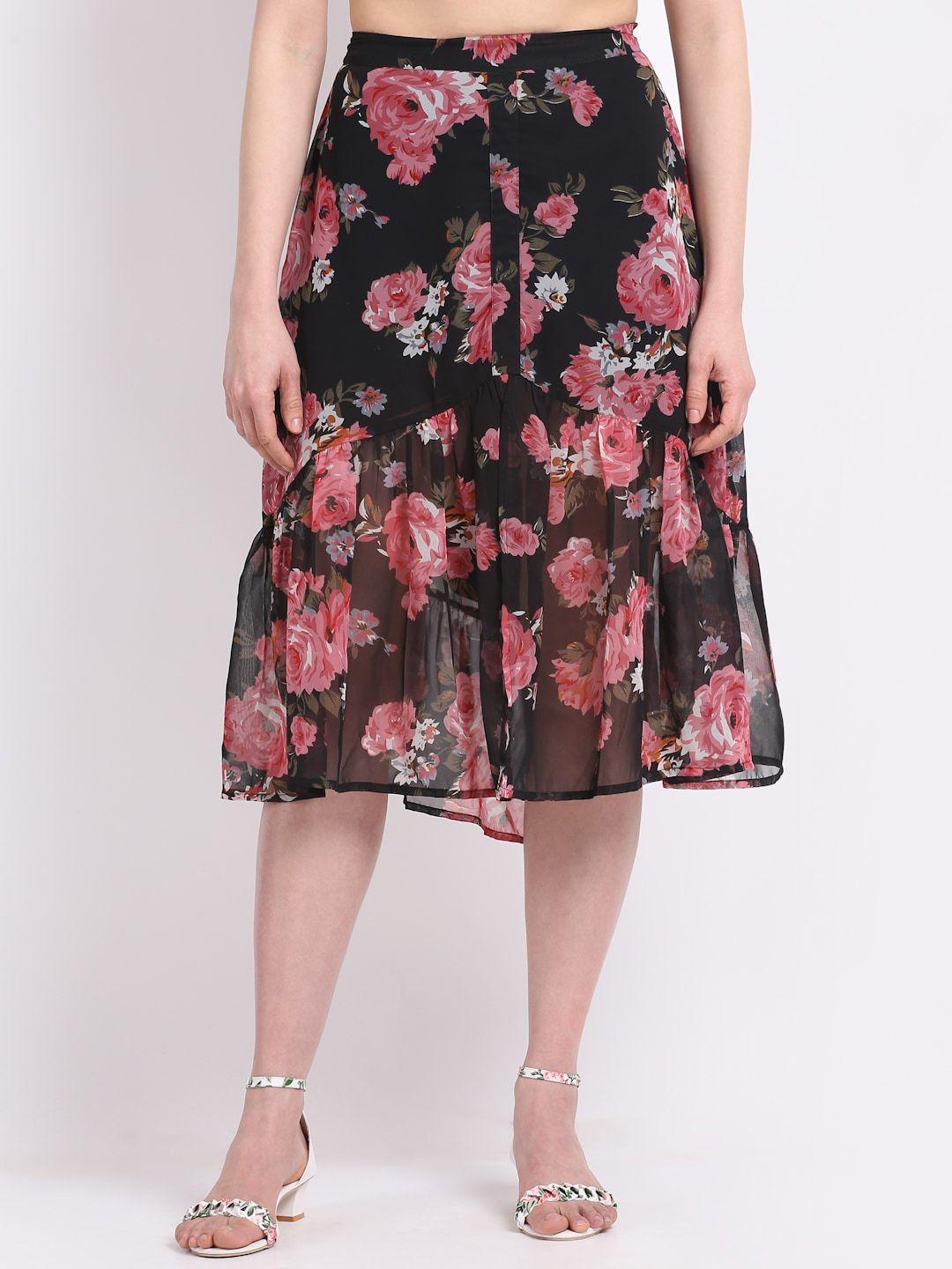 la zoire women black floral printed midi skirts