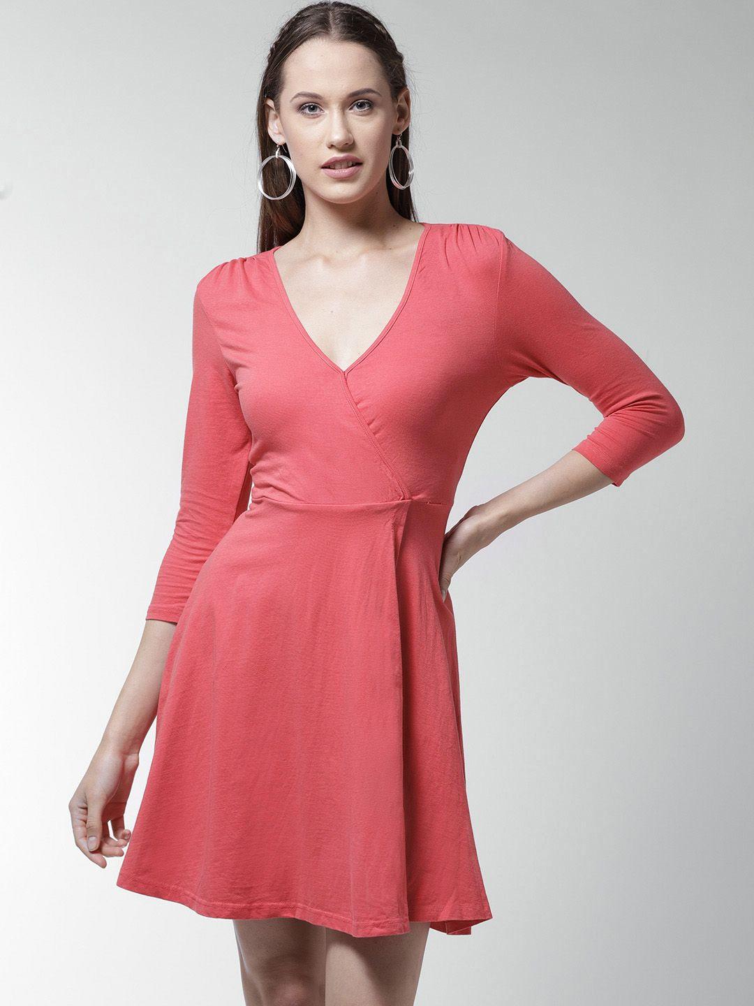 la zoire women coral pink solid wrap dress