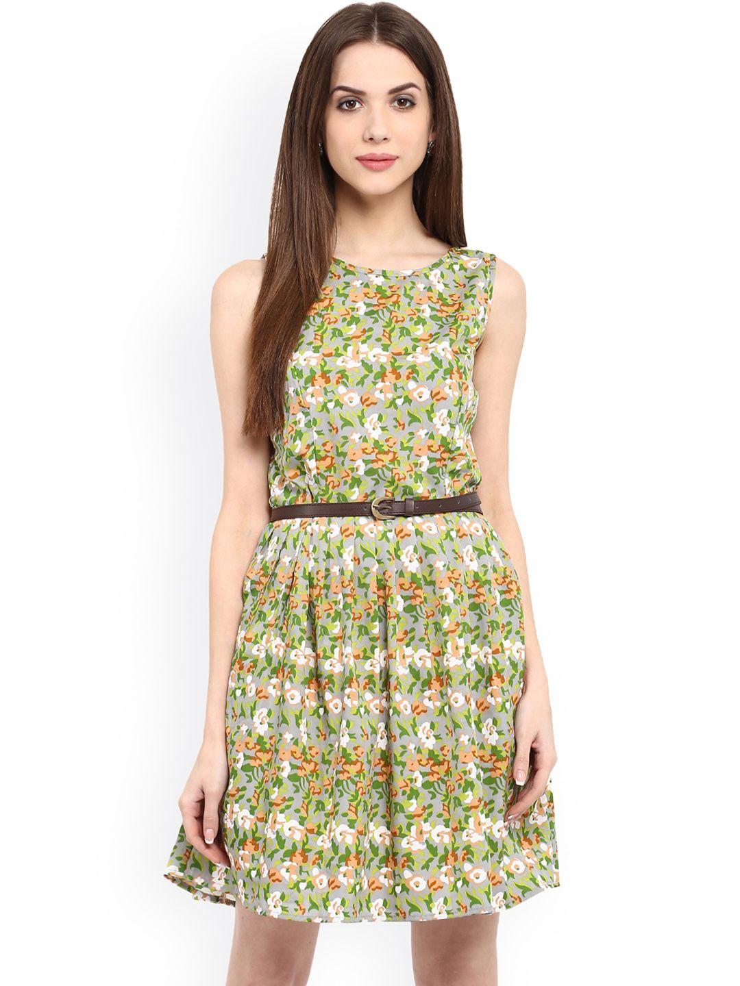 la zoire women green printed fit and flare dress