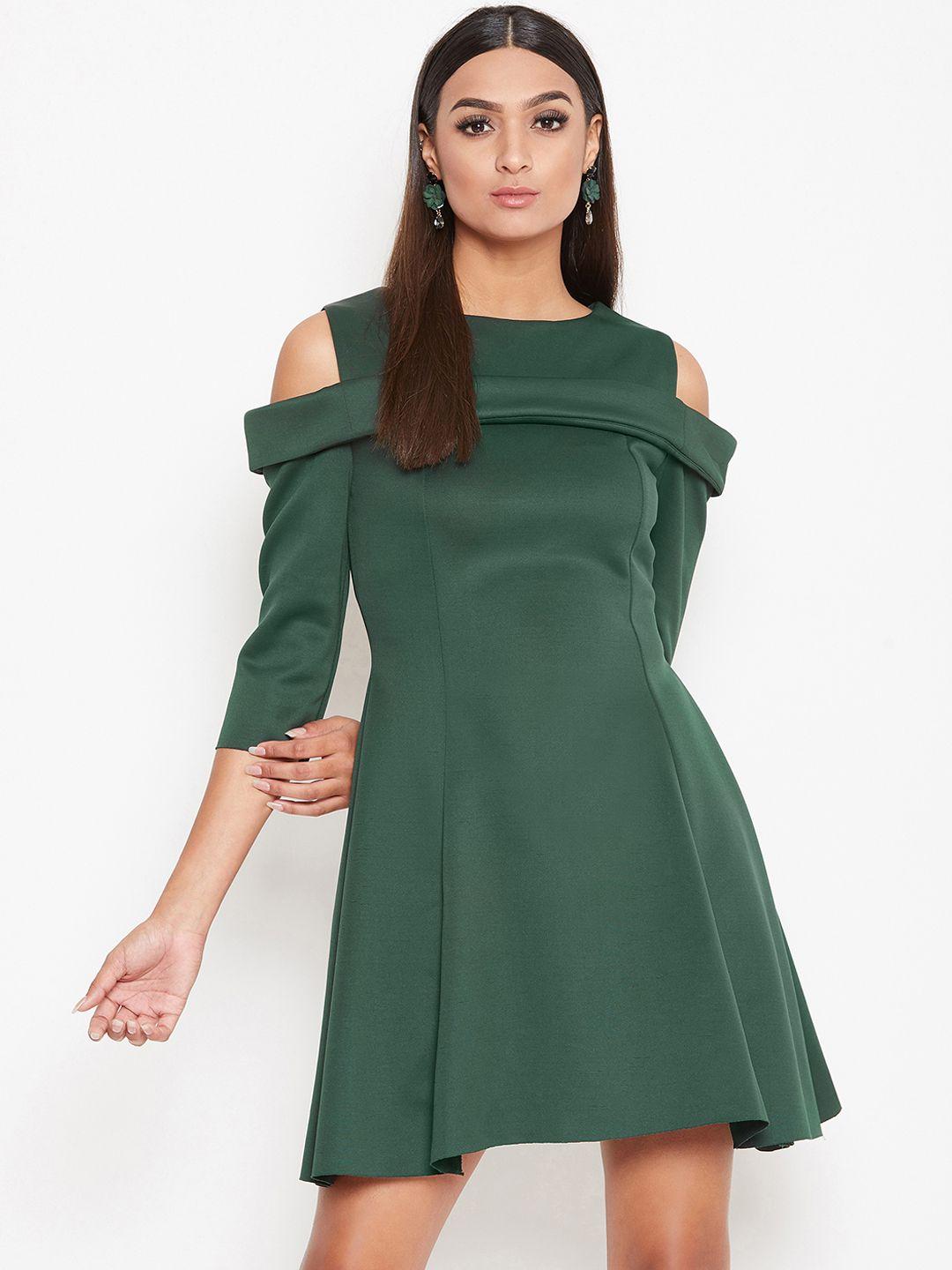 la zoire women green solid fit and flare dress
