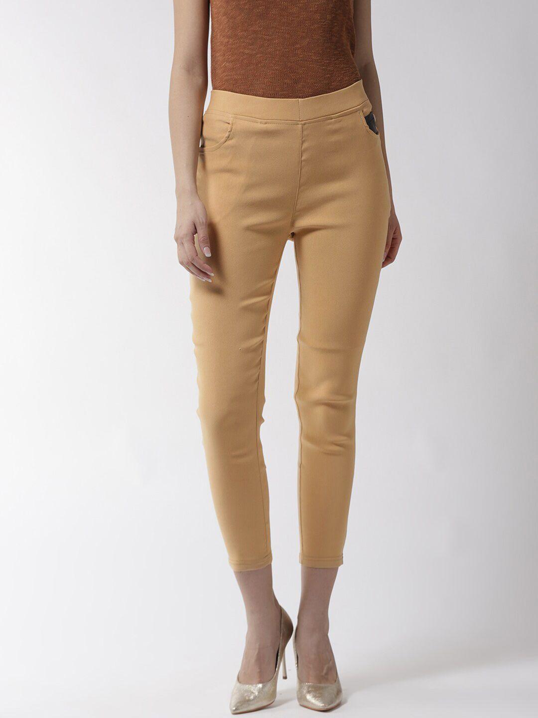 la zoire women khaki-colored solid slim-fit cotton jeggings