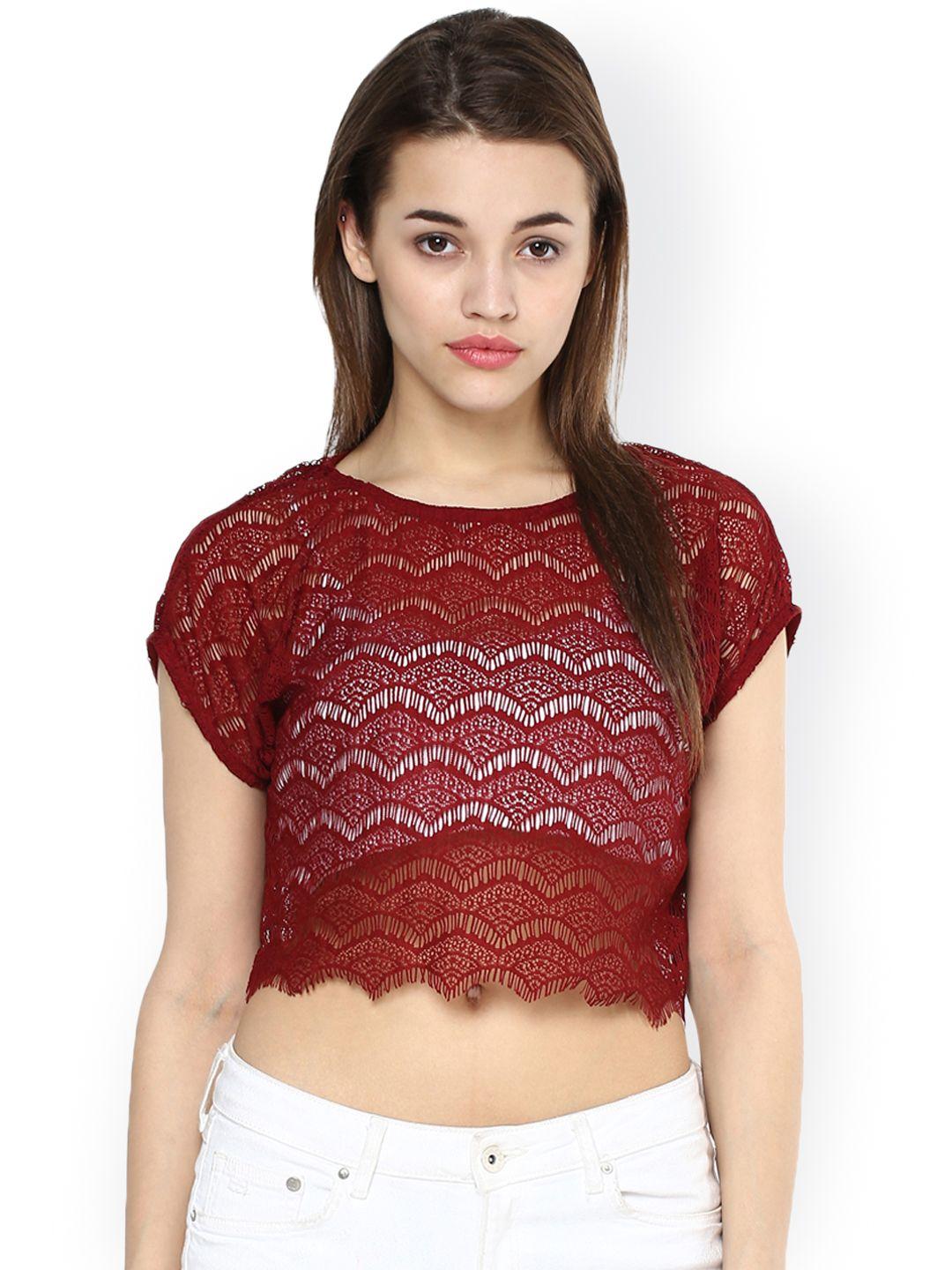 la zoire women maroon lace crop top