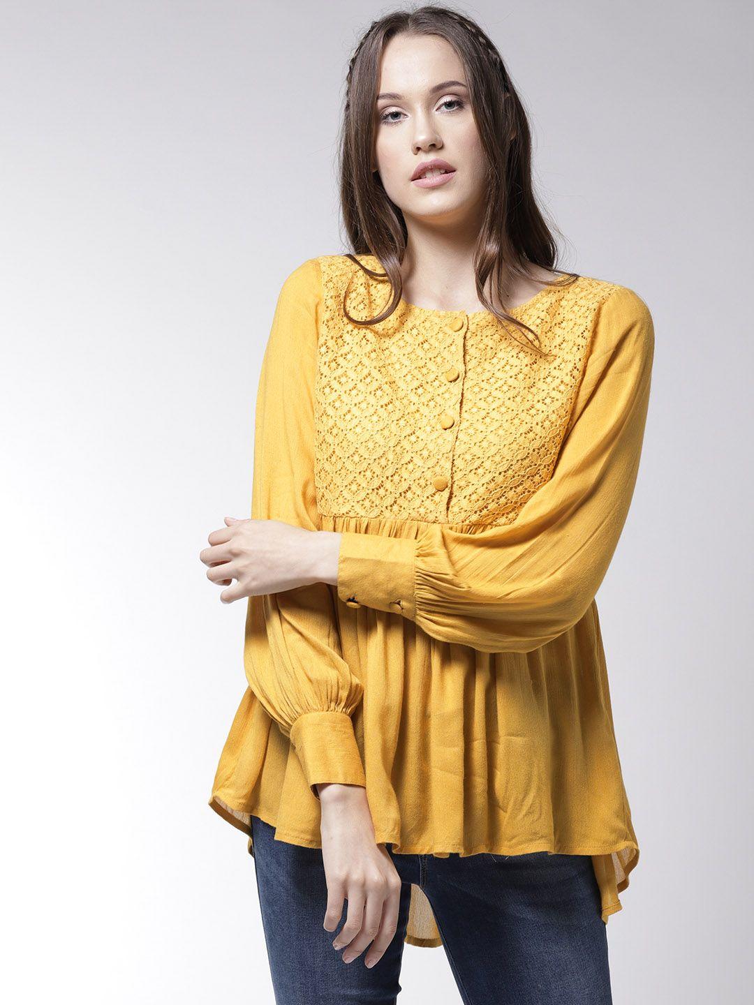 la zoire women mustard yellow self-design empire top