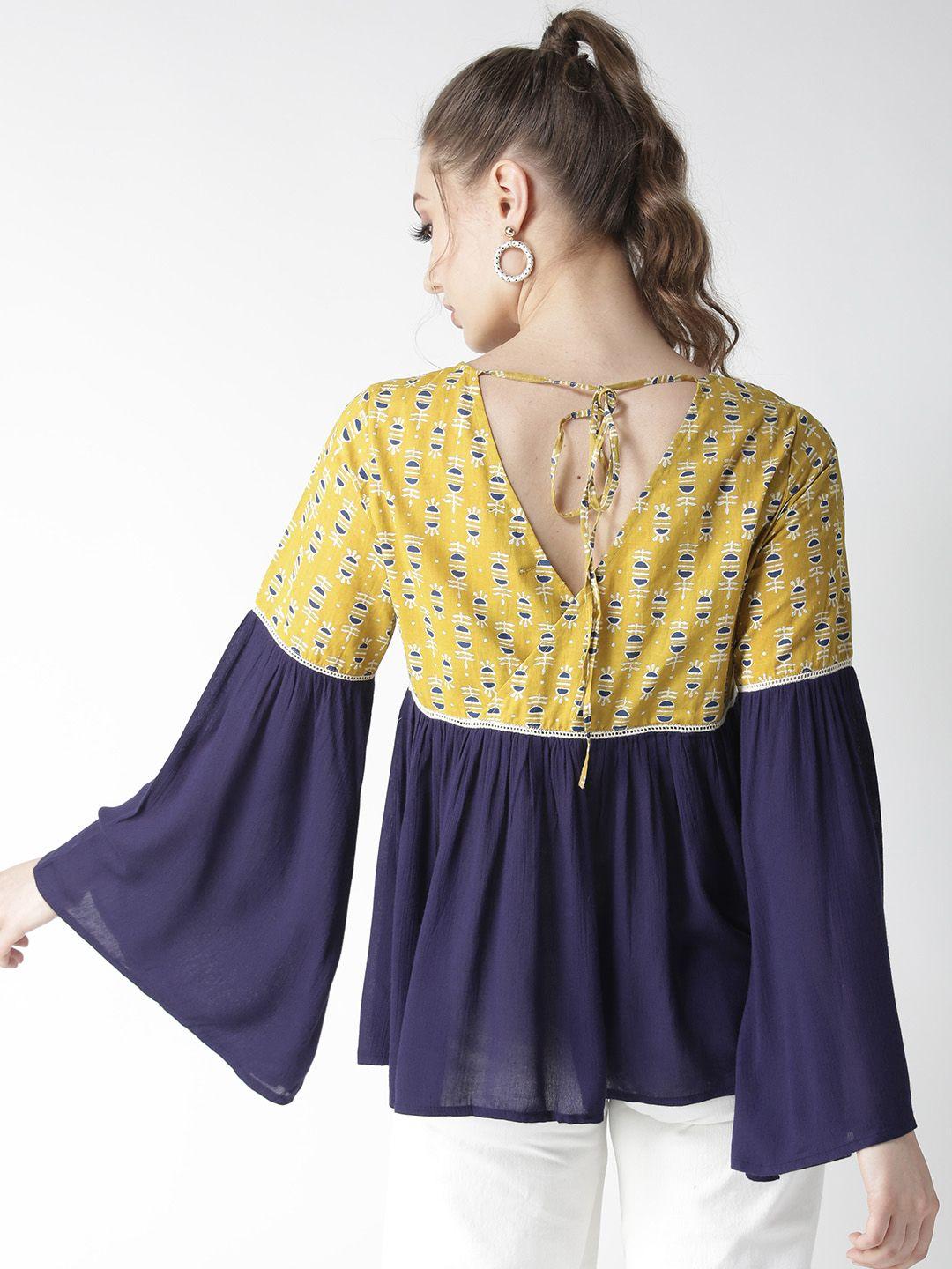 la zoire women navy blue & mustard yellow printed styled back top