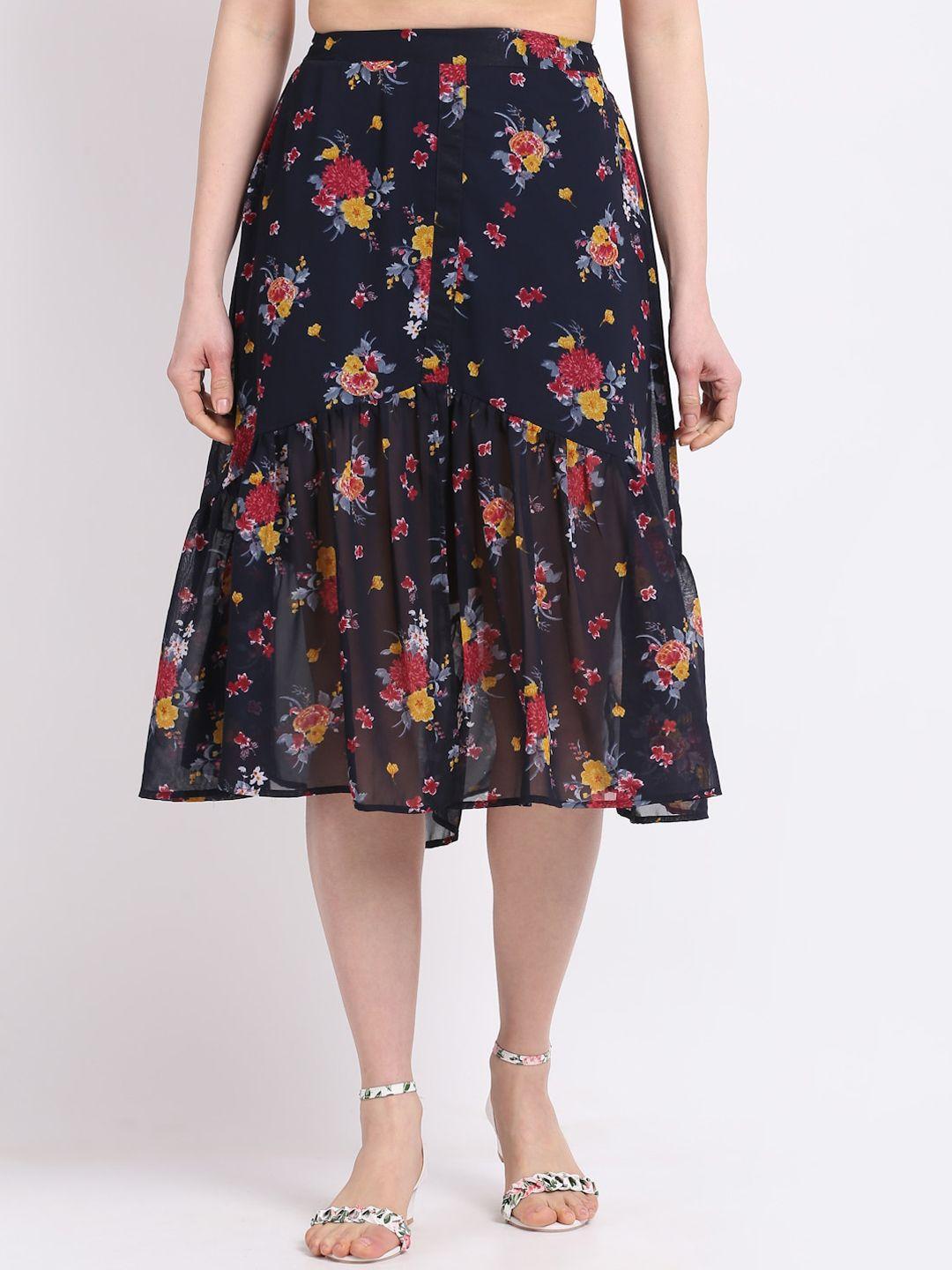 la zoire women navy blue & red floral printed tiered skirt