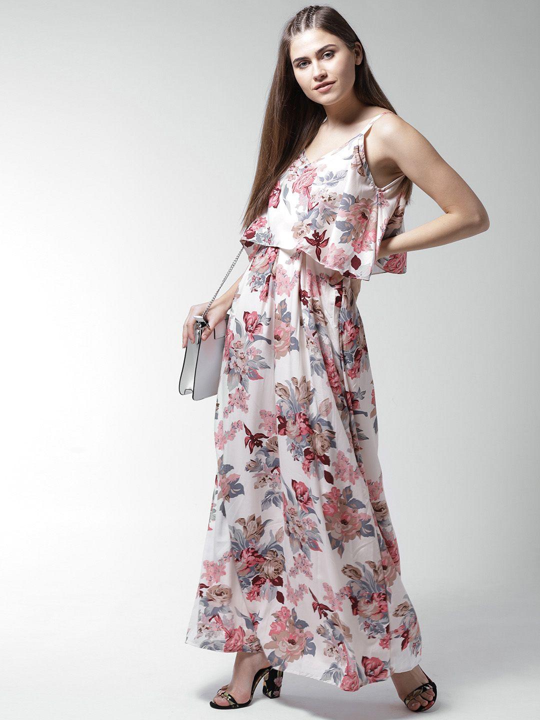 la zoire women off-white & peach-coloured floral print layered maxi dress