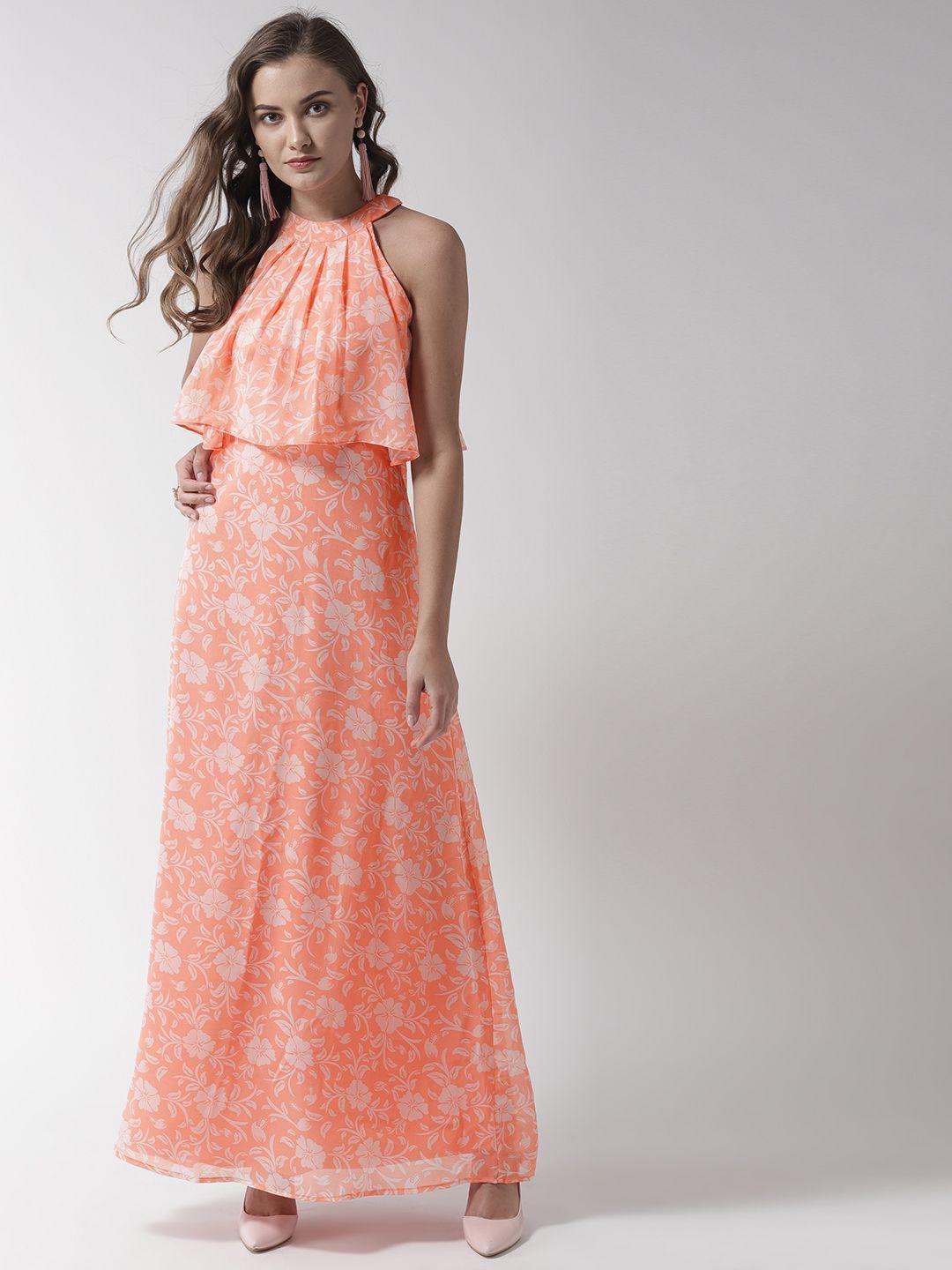 la zoire women peach-coloured & white printed maxi dress