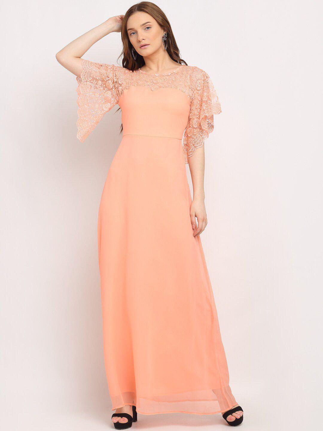 la zoire women peach-coloured solid lace georgette maxi a-line dress