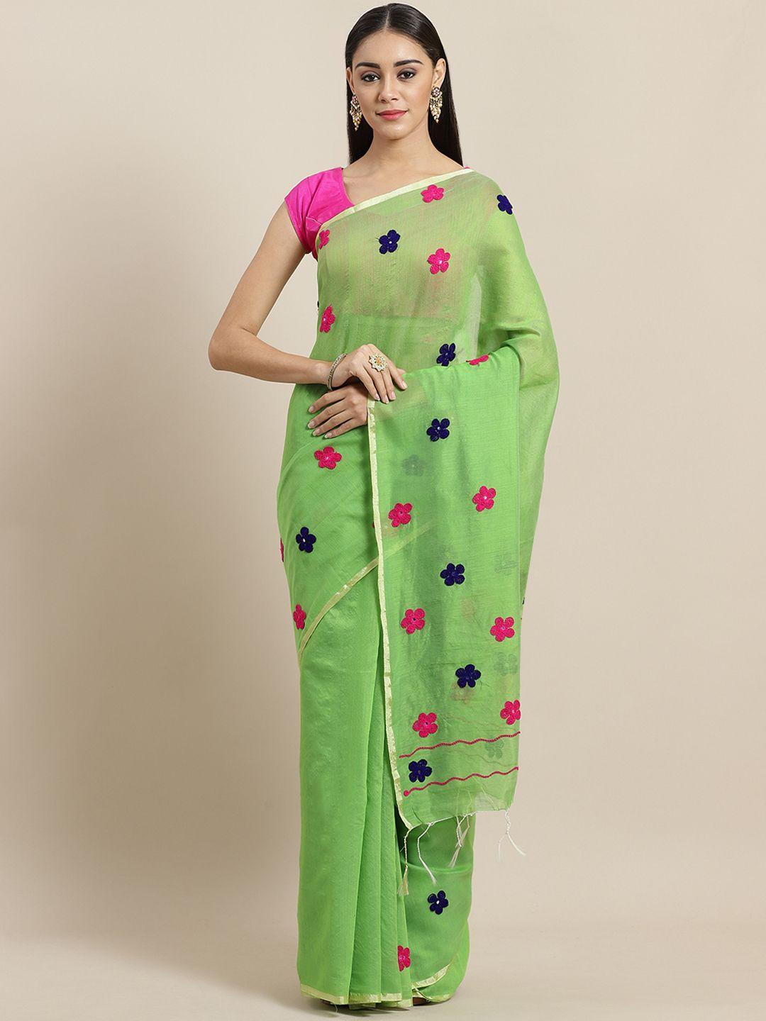 laa calcutta green & navy blue embroidered handloom saree