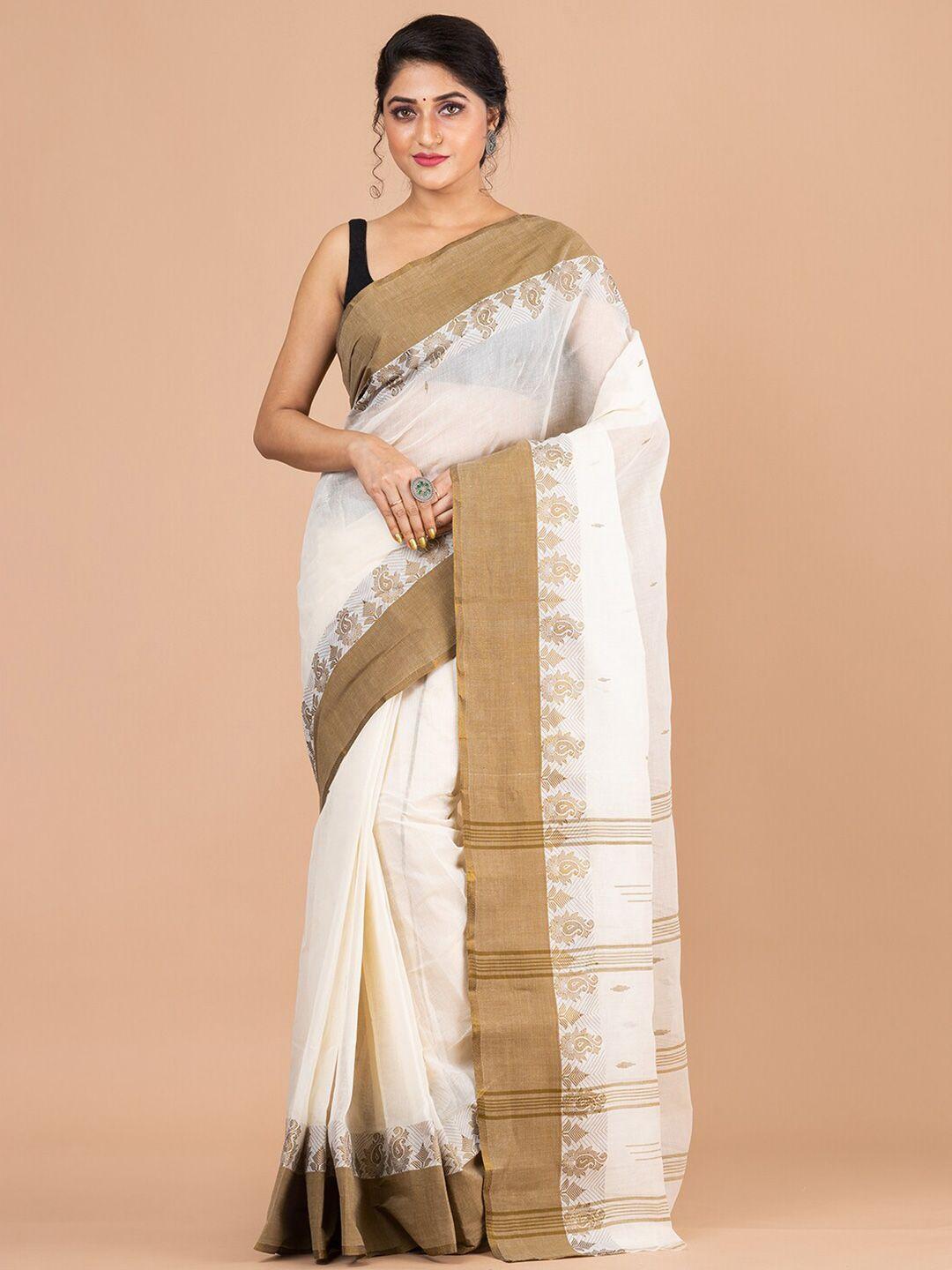 laa calcutta off white & gold-toned woven design pure cotton jamdani saree