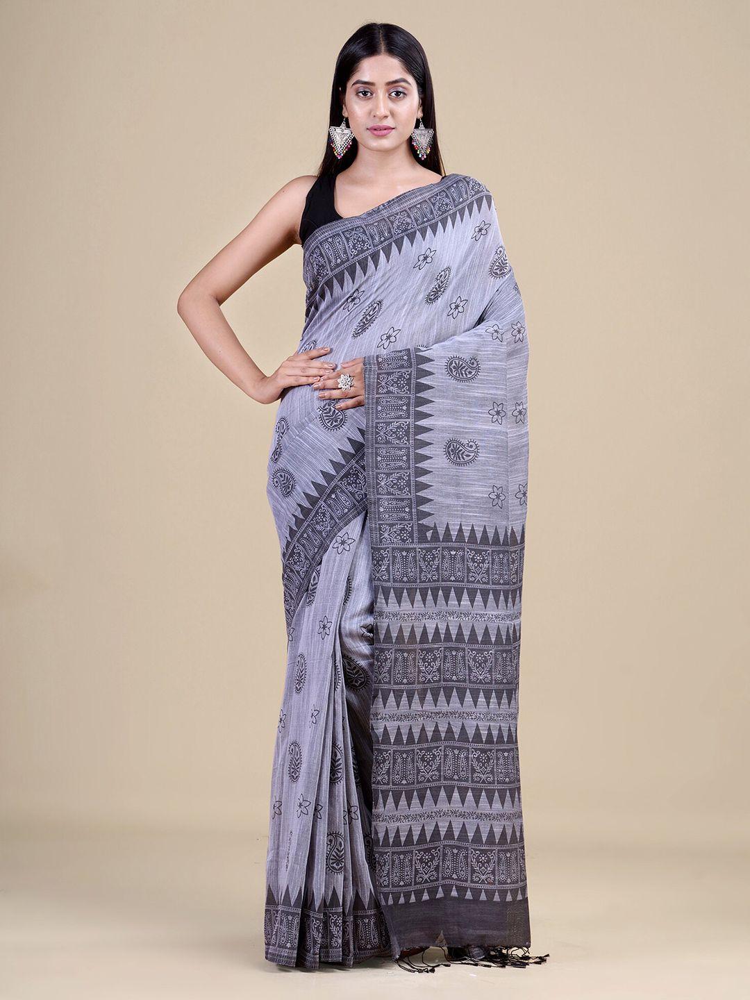 laa calcutta paisley printed pure cotton saree with tassles