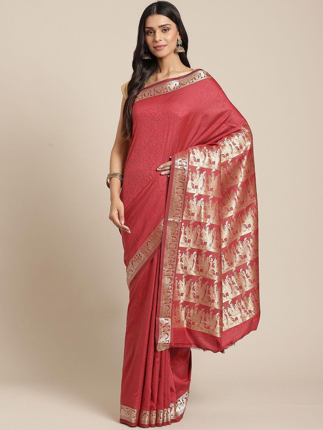 laa calcutta pink & golden leaf woven design bengal handloom taant saree