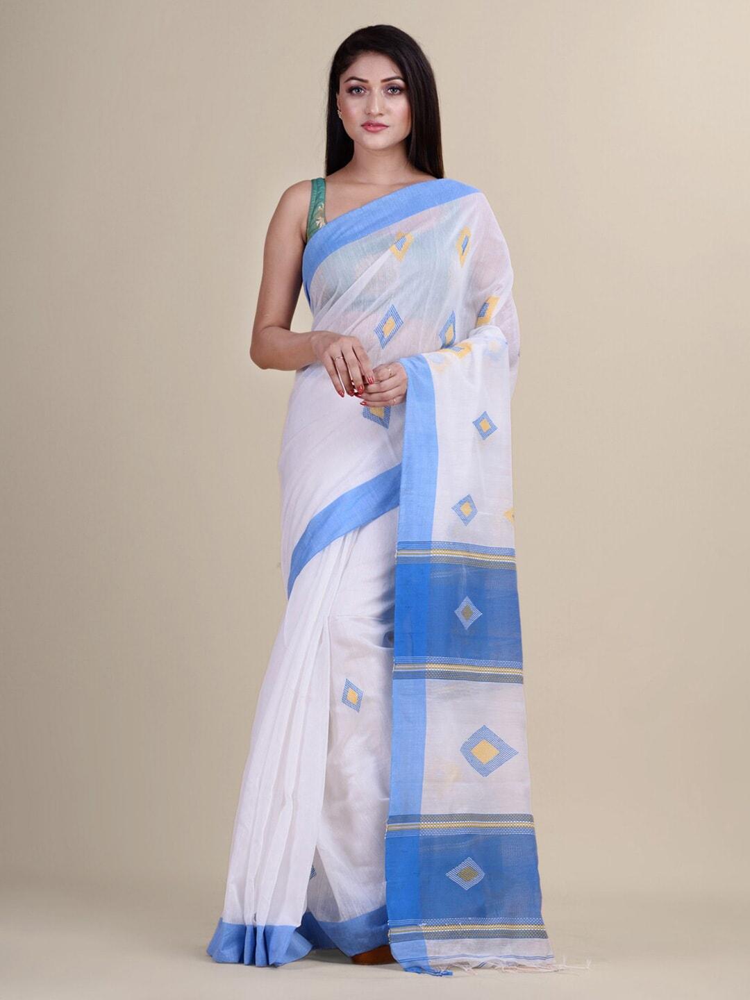 laa calcutta white & blue silk cotton tant jamdani saree