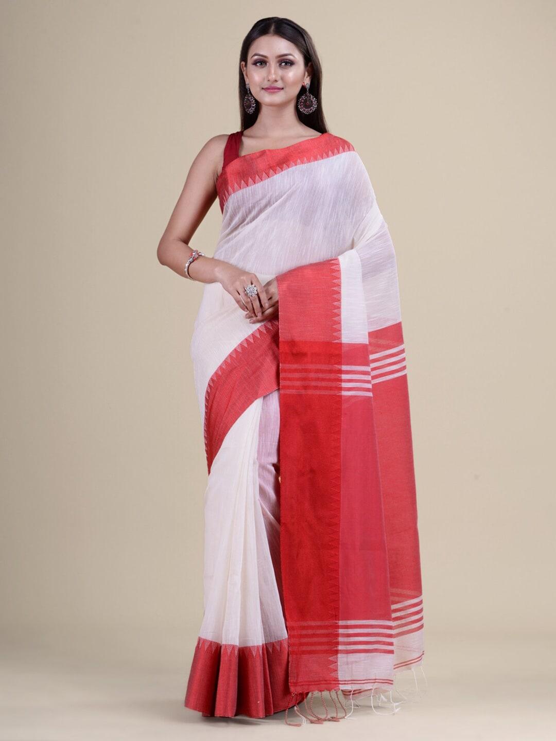 laa calcutta women white taant jamdani cotton silk saree