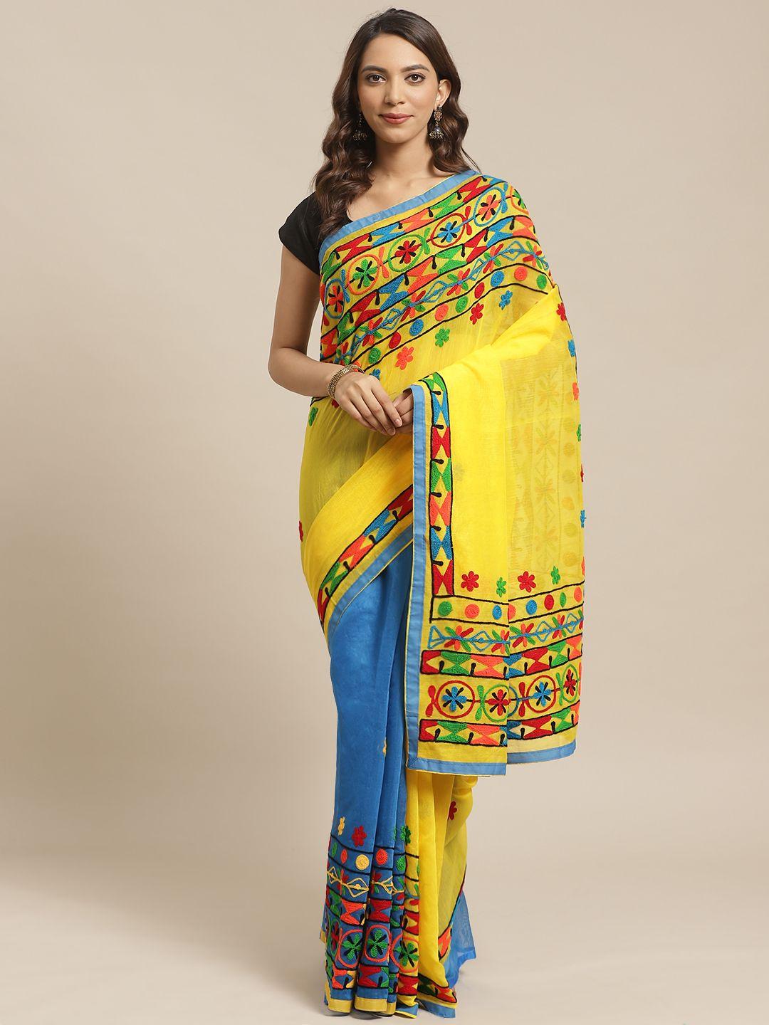 laa calcutta yellow & blue handloom embroidered kathiabari saree