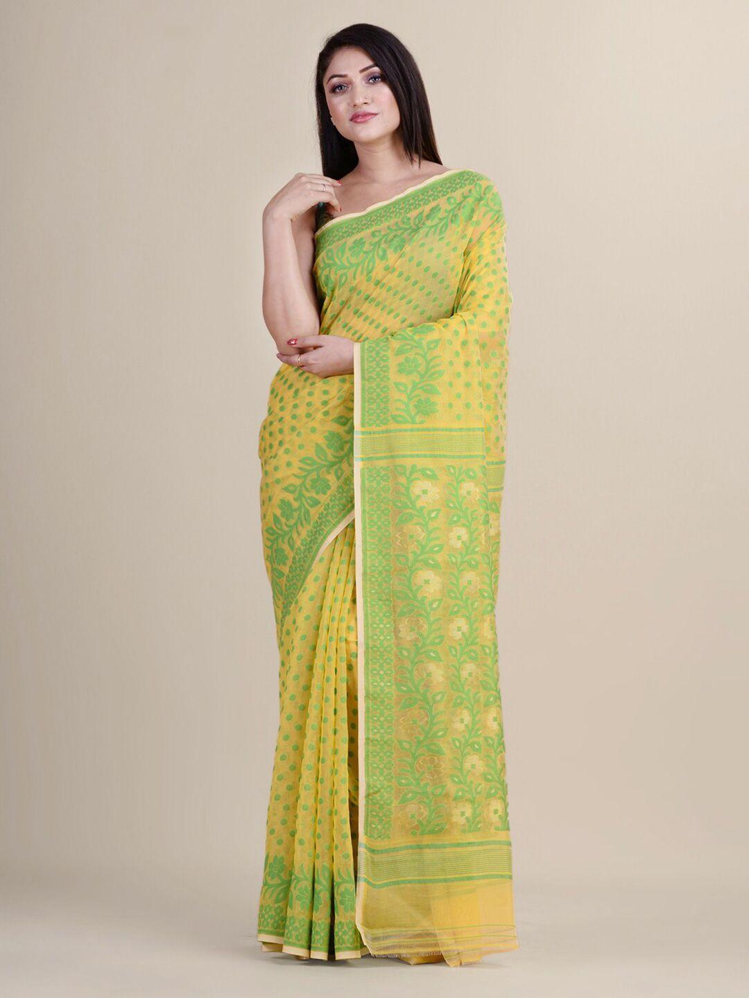 laa calcutta yellow & lime green silk cotton jamdani saree