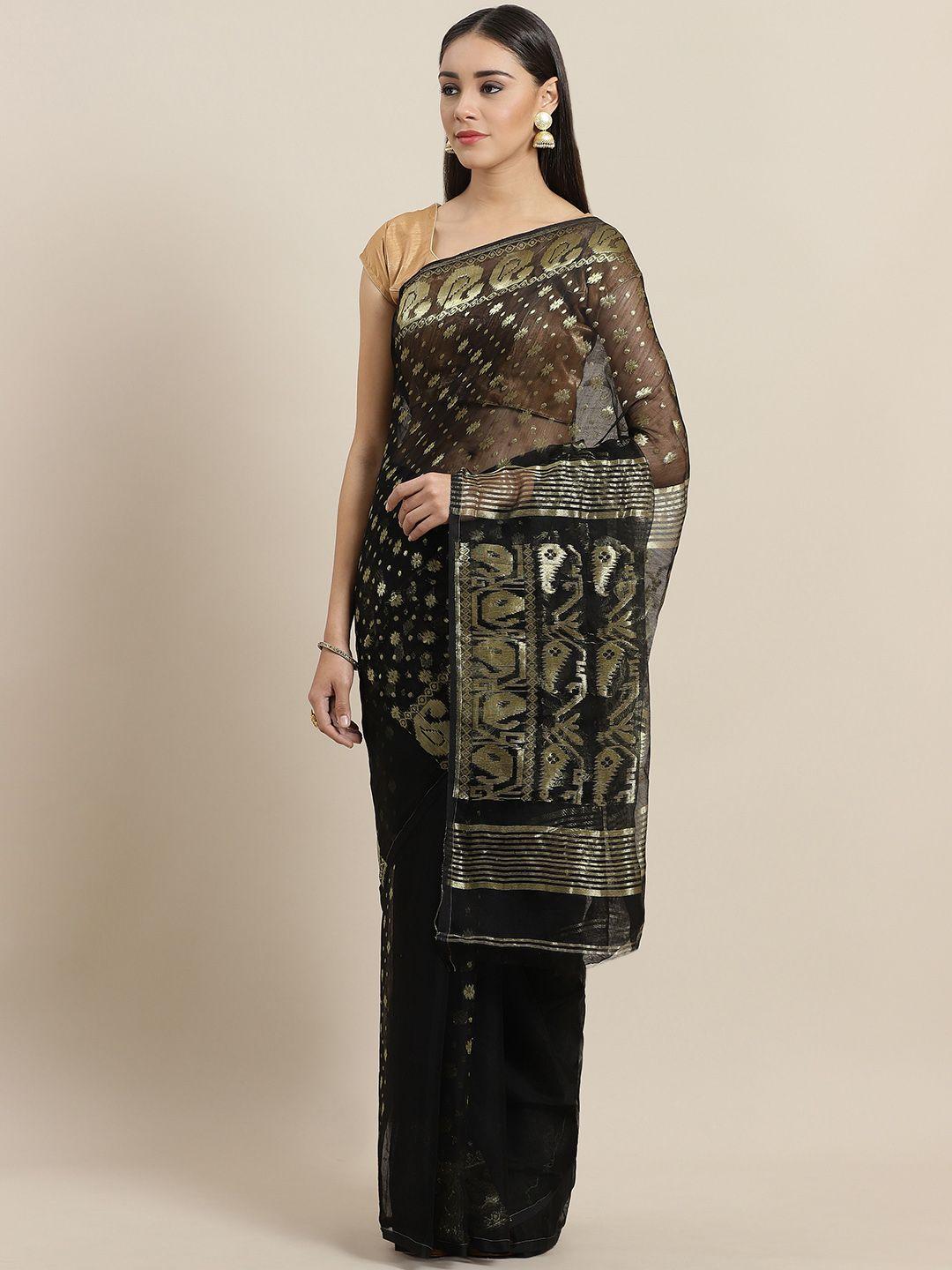 laa calcutta black & golden woven design handloom jamdani saree