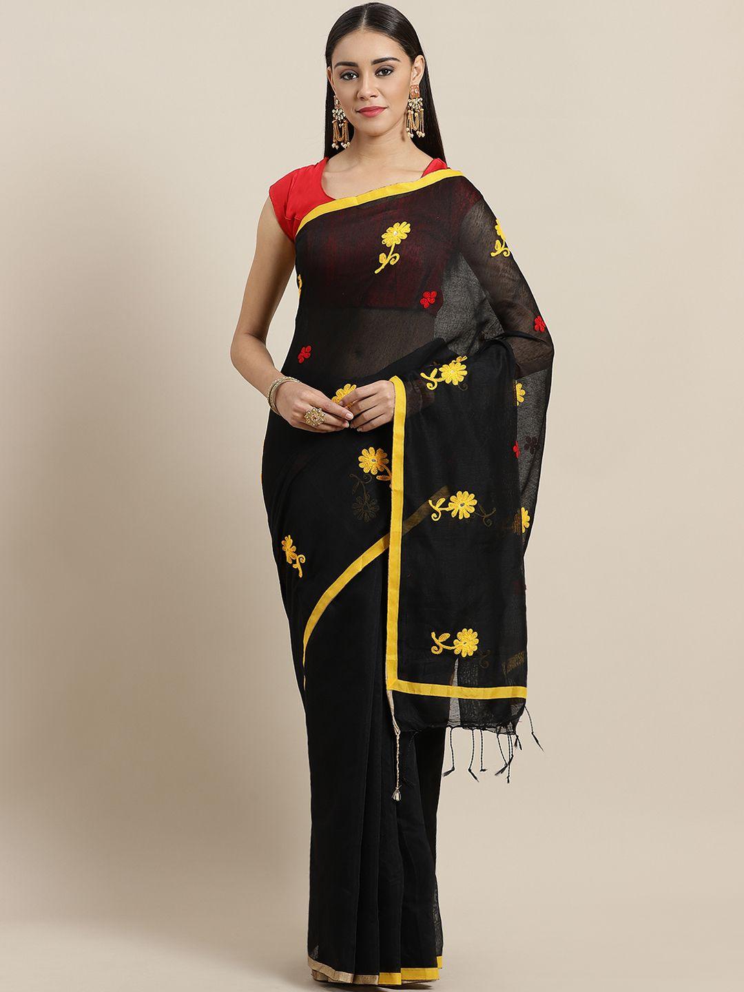 laa calcutta black & yellow embroidered handloom saree