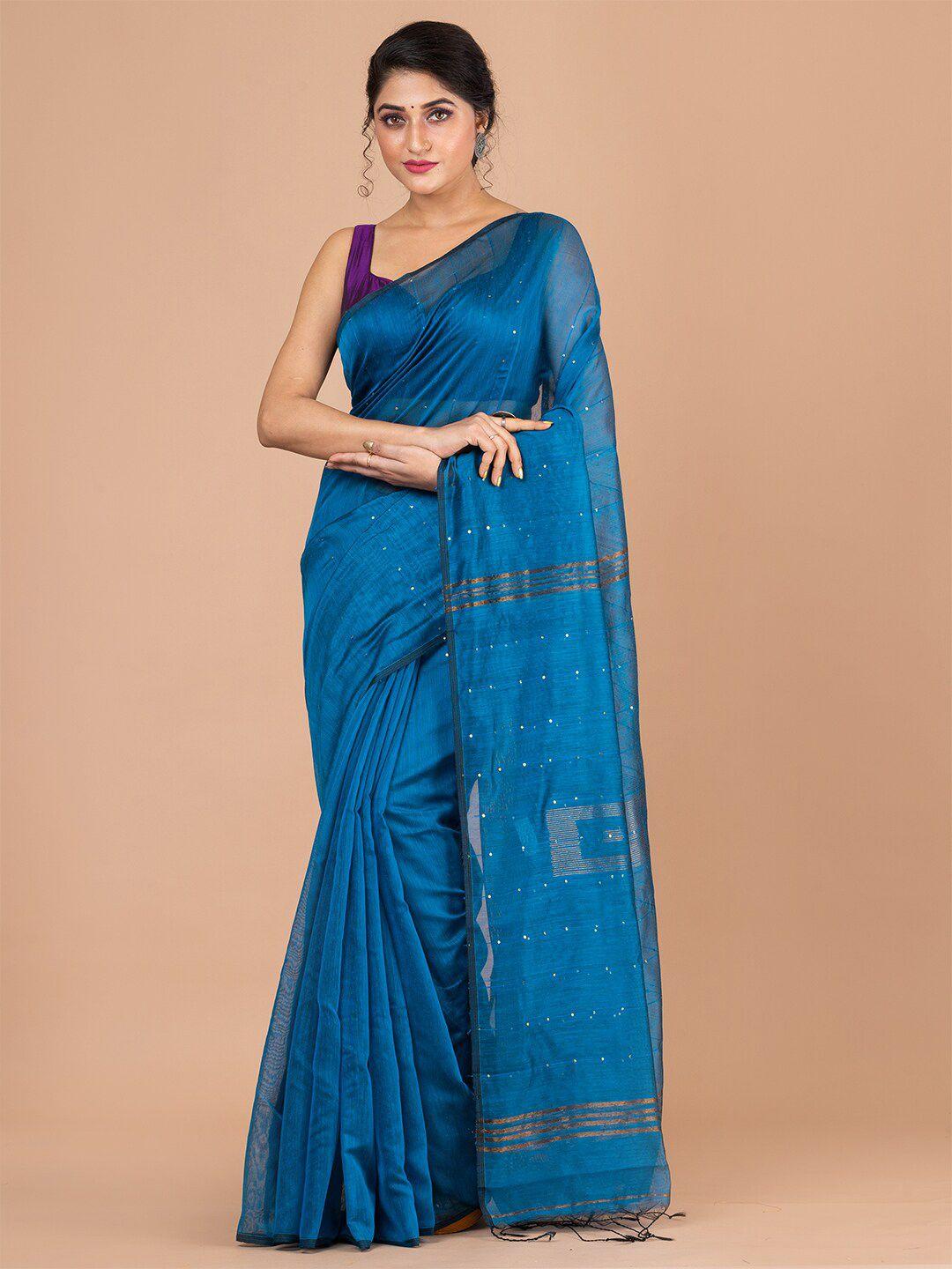 laa calcutta blue & black embellished pure cotton jamdani saree