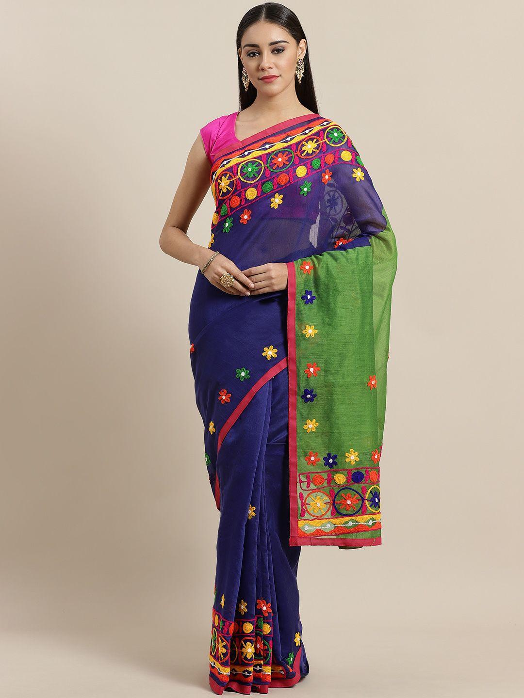 laa calcutta navy blue & green embroidered handloom saree