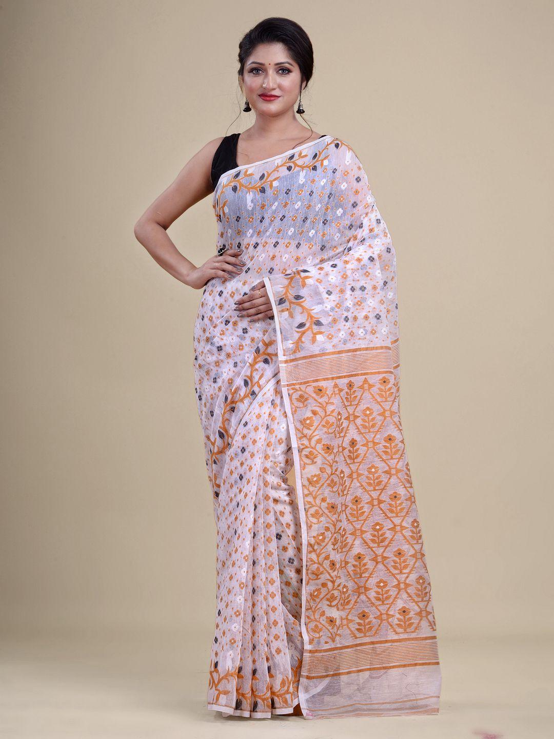 laa calcutta white & peach-coloured woven design silk cotton jamdani saree