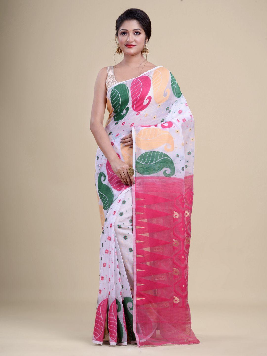 laa calcutta white & pink paisley silk cotton jamdani saree