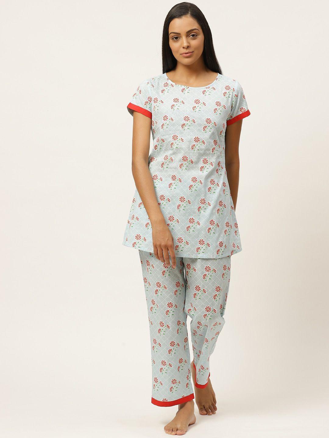 laabha women blue & red printed pure cotton night suit