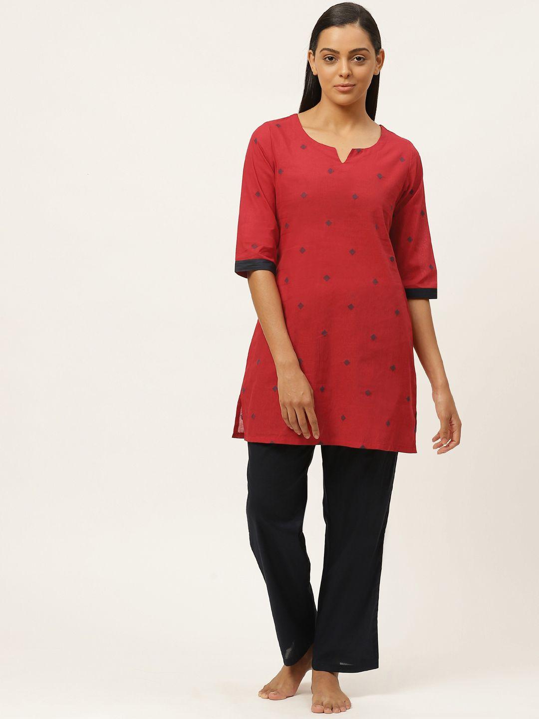 laabha women red & navy blue woven design cotton night suit