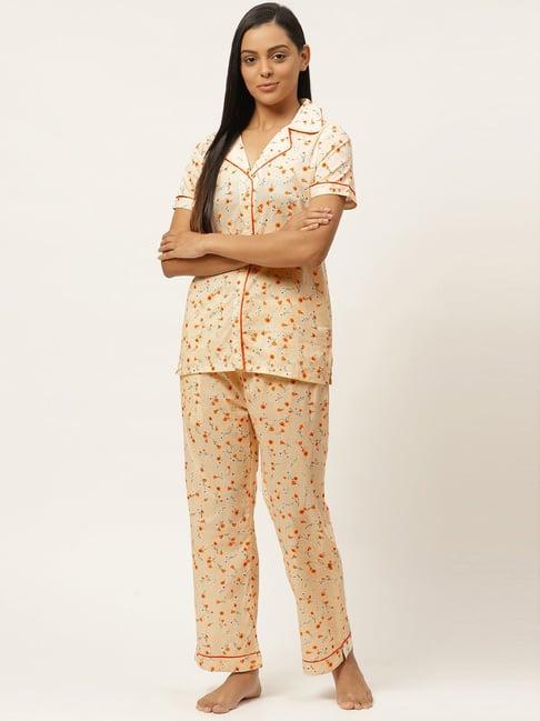laabha beige cotton printed shirt pyjama set